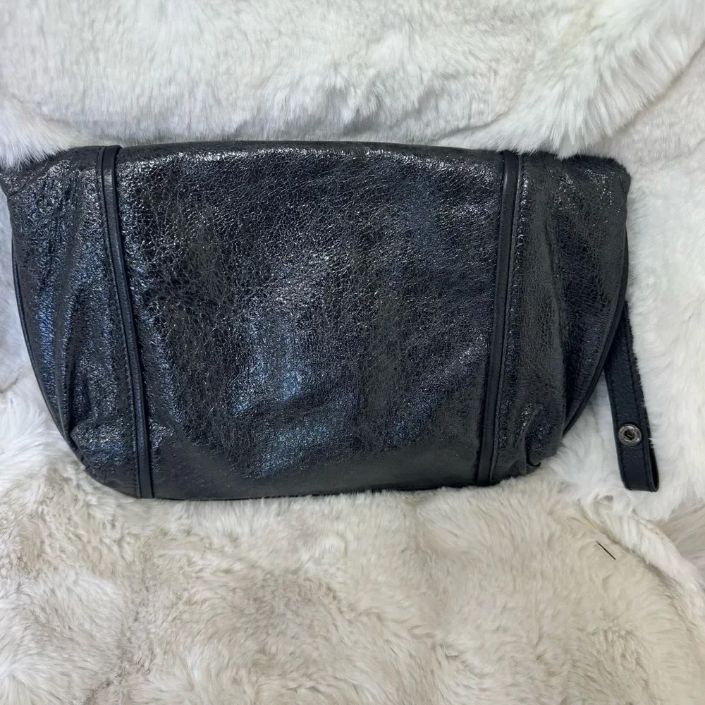 Rafe New York Black Metallic Leather Clutch Wristlet Evening Bag